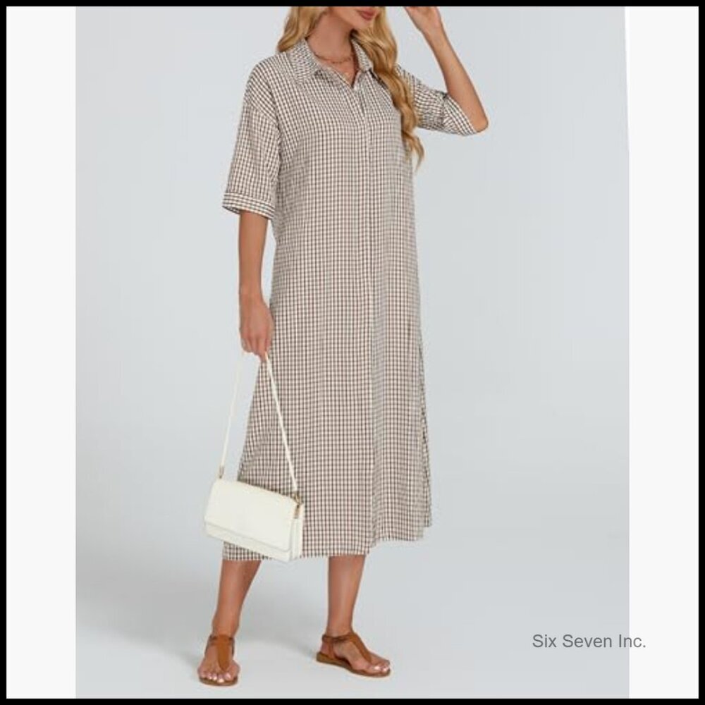 Half Sleeve Plaid Maxi Dress with Removable Belt and Pockets - Picture 3 of 7